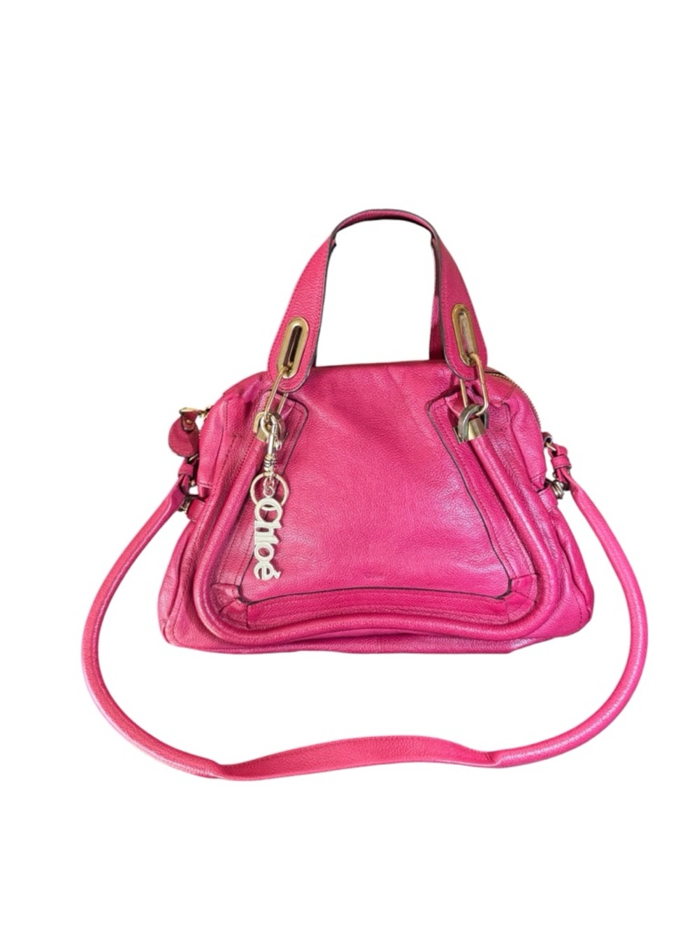 Chloe Fuchsia Pink Leather Medium Paraty 2way Satchel with Charm Auth